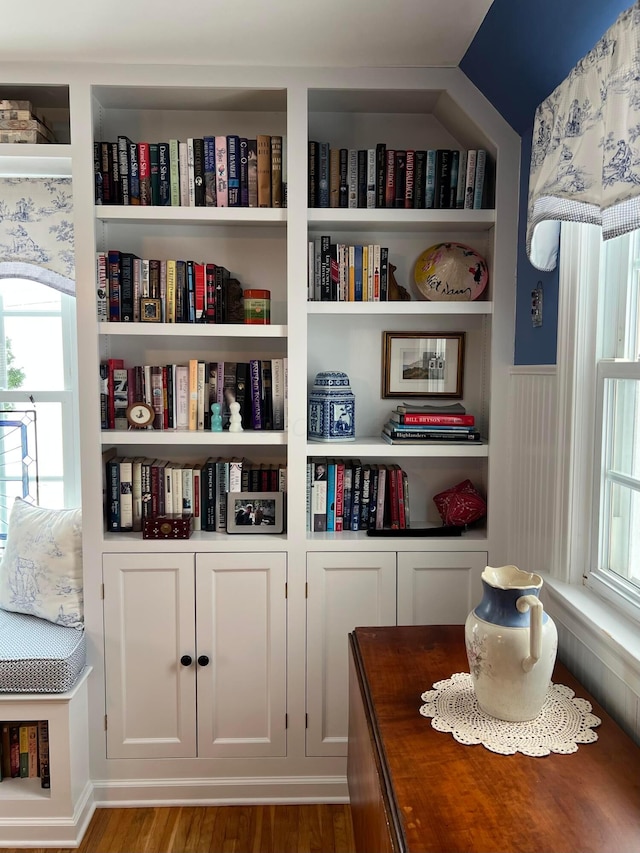 interior details featuring built in shelves and wood finished floors