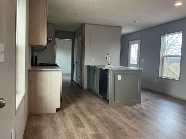 kitchen with a wealth of natural light, dishwasher, light wood finished floors, and a sink