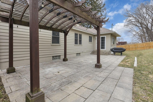 view of patio featuring entry steps, fence, a pergola, and area for grilling