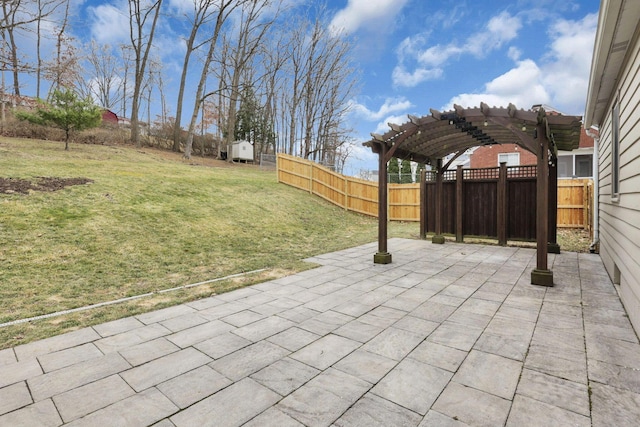 view of patio / terrace with a fenced backyard and a pergola