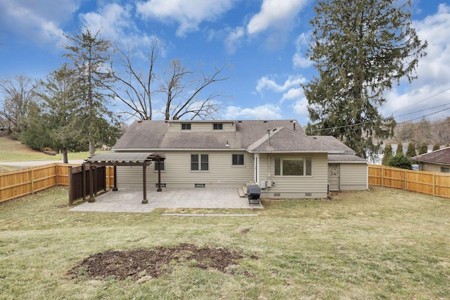 back of property with crawl space, a yard, a pergola, and a patio