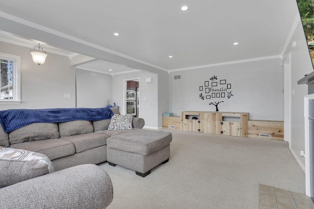 living room with carpet floors, ornamental molding, a fireplace, and recessed lighting