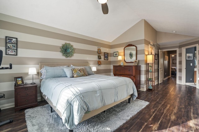 bedroom featuring lofted ceiling, wood finished floors, a ceiling fan, and baseboards