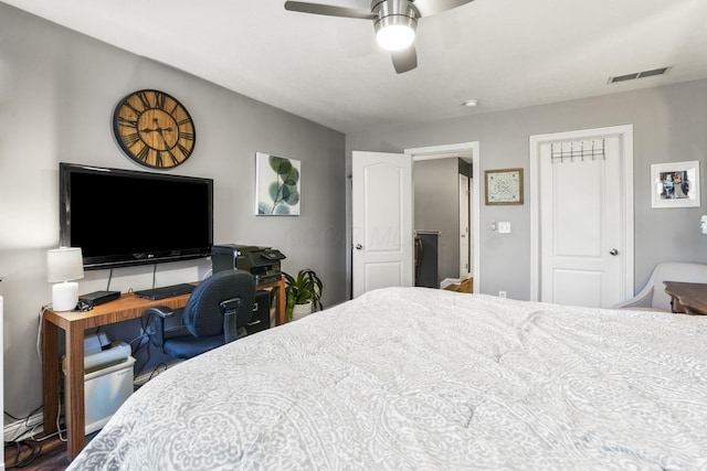 bedroom with ceiling fan, a closet, and visible vents