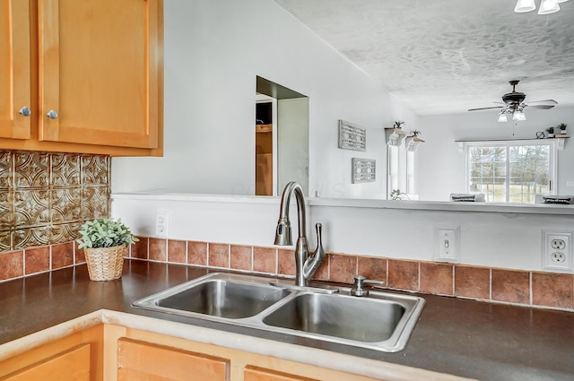 kitchen featuring a textured ceiling, a ceiling fan, and a sink