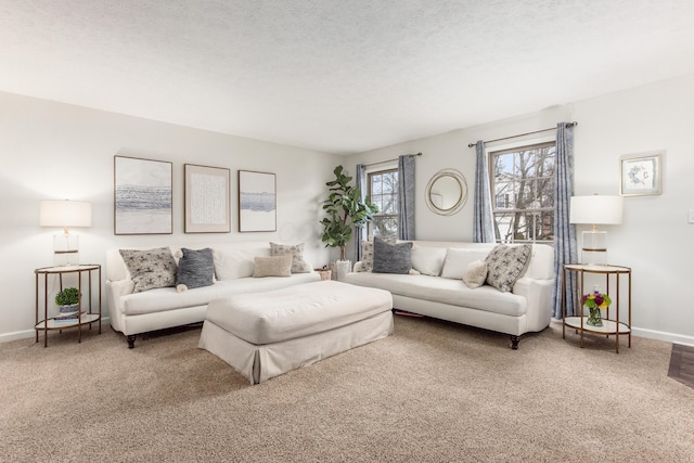 living area with a textured ceiling, baseboards, and carpet flooring