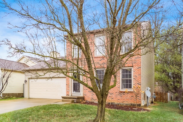 view of front of house featuring a garage, concrete driveway, brick siding, and a front yard