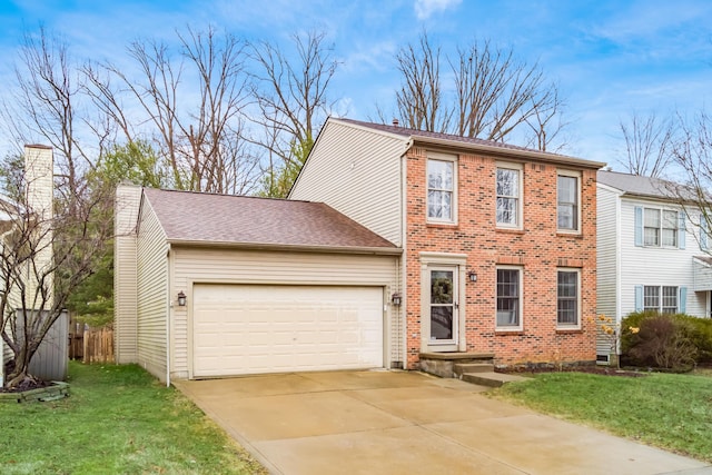 colonial house with a garage, concrete driveway, a front lawn, and brick siding