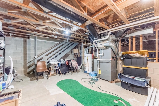 unfinished basement with water heater and heating unit