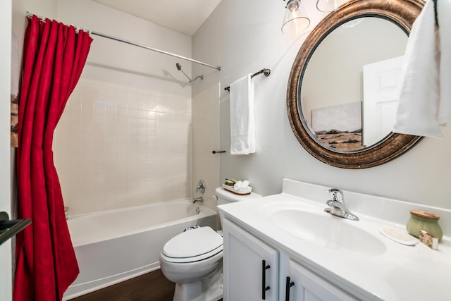 bathroom featuring wood finished floors, shower / bathtub combination with curtain, toilet, and vanity