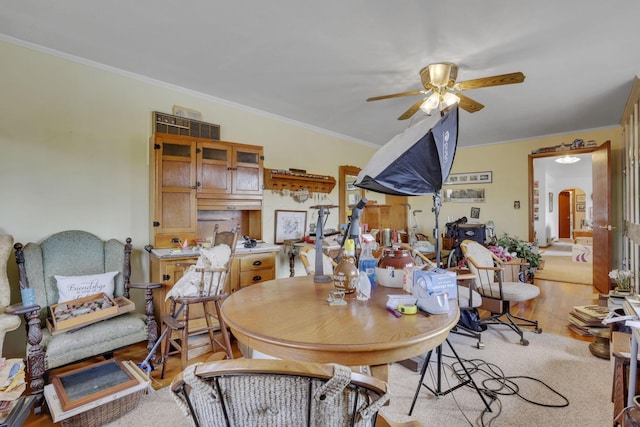 dining space featuring a ceiling fan, arched walkways, ornamental molding, and light wood finished floors