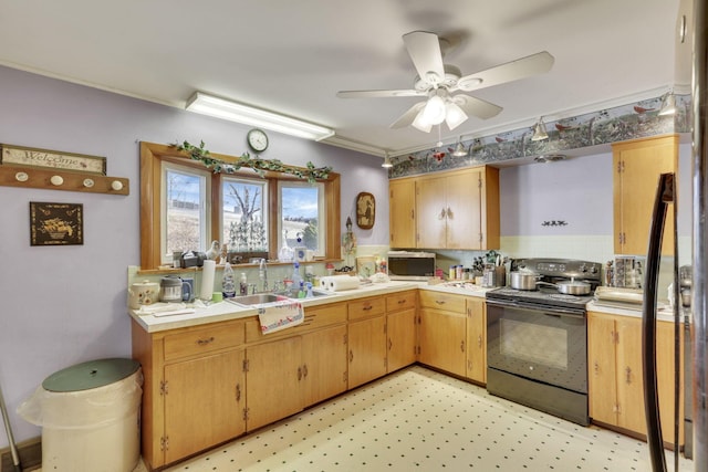 kitchen with light floors, light countertops, black range with electric stovetop, stainless steel microwave, and a sink