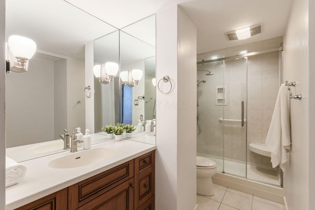 bathroom with tile patterned flooring, toilet, vanity, visible vents, and a shower stall