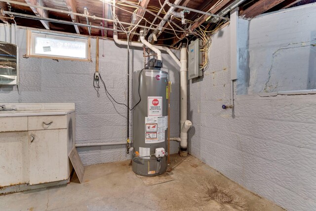 basement with electric panel and gas water heater