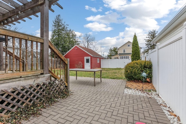 view of patio / terrace with an outdoor structure and a fenced backyard