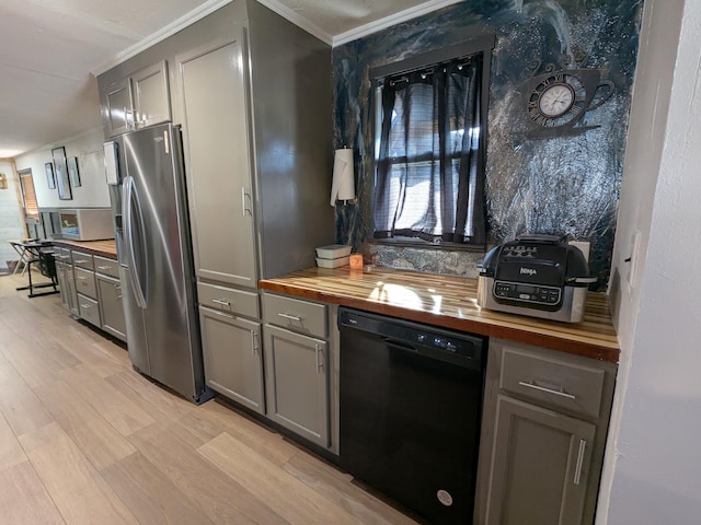 kitchen with black dishwasher, butcher block countertops, stainless steel refrigerator with ice dispenser, and gray cabinetry