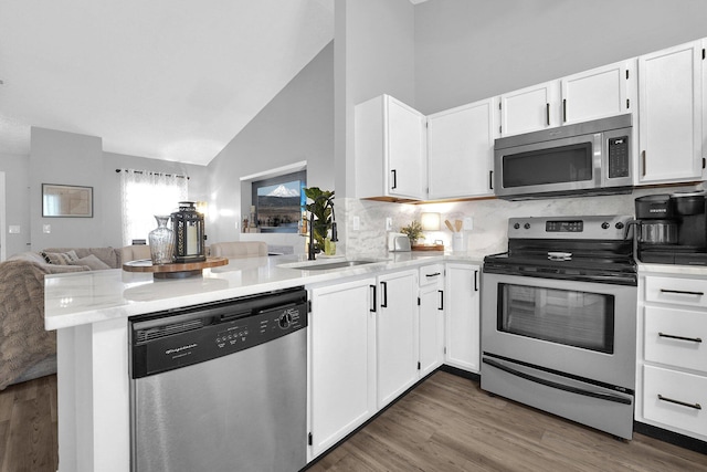 kitchen featuring white cabinets, open floor plan, wood finished floors, a peninsula, and stainless steel appliances