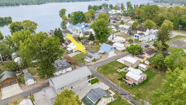 aerial view with a water view and a residential view