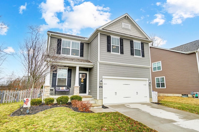 view of front of house featuring an attached garage, covered porch, fence, concrete driveway, and a front yard