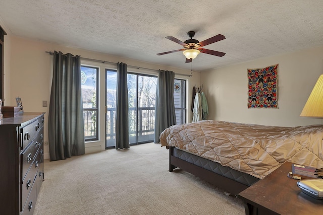 bedroom with light carpet, a textured ceiling, ceiling fan, and access to outside