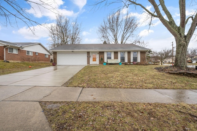 ranch-style home featuring a front lawn, concrete driveway, brick siding, and an attached garage