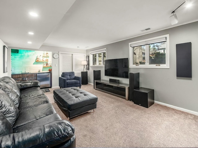 living area featuring track lighting, visible vents, baseboards, carpet, and wet bar