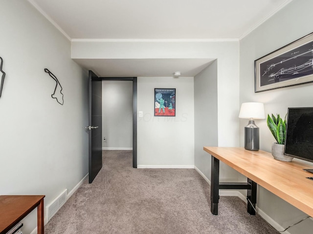 home office featuring visible vents, baseboards, crown molding, and carpet