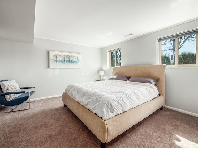 bedroom featuring visible vents, baseboards, and carpet floors