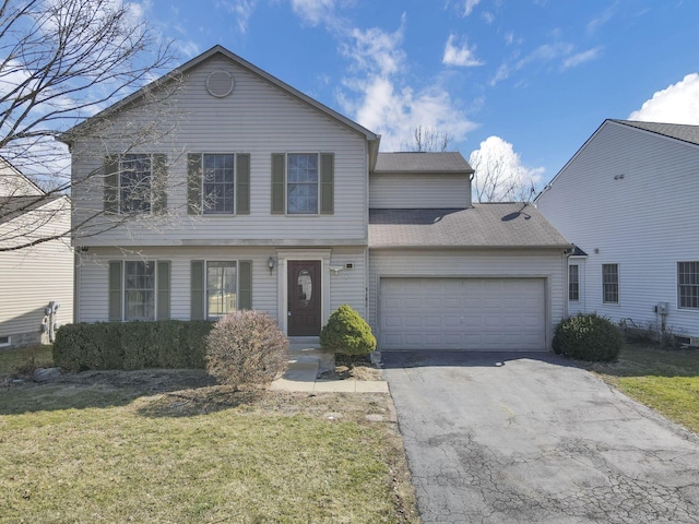 view of front facade with aphalt driveway, a front lawn, a garage, and roof with shingles