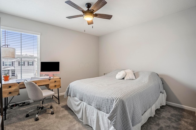 bedroom featuring baseboards, a ceiling fan, and carpet flooring