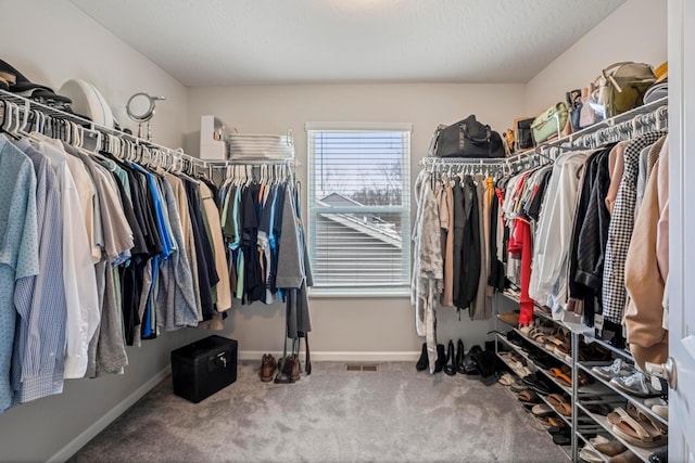 walk in closet with visible vents and carpet