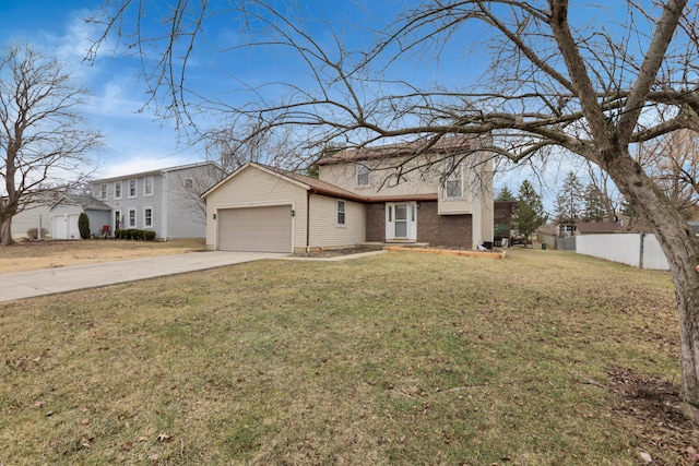 view of front of home with brick siding, an attached garage, fence, driveway, and a front lawn