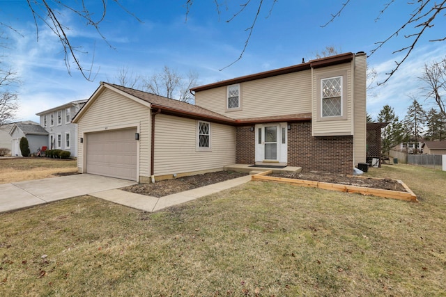 view of front of property with a front lawn, brick siding, driveway, and an attached garage