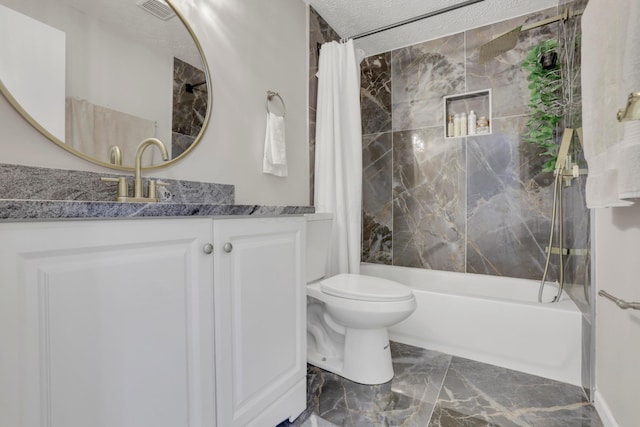 bathroom with marble finish floor, visible vents, toilet, shower / tub combo, and vanity