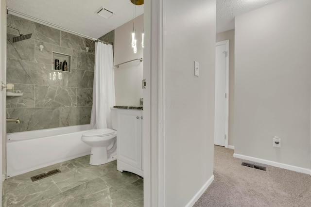 bathroom with shower / bath combo, visible vents, and a textured ceiling