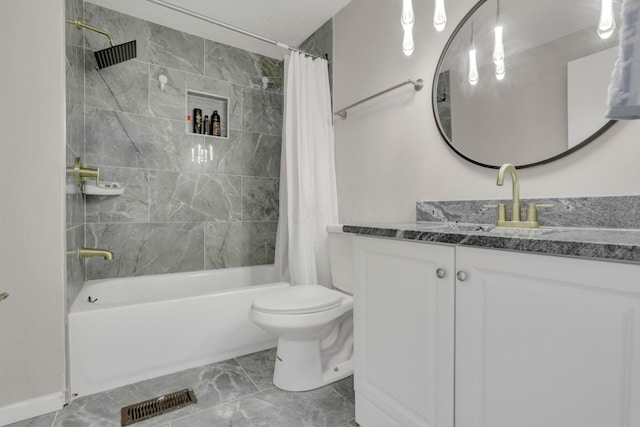 bathroom with marble finish floor, visible vents, toilet, shower / bath combo, and vanity