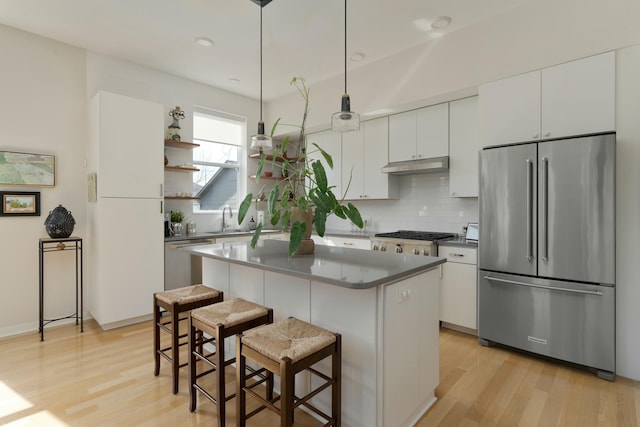 kitchen featuring tasteful backsplash, white cabinets, a kitchen breakfast bar, stainless steel appliances, and under cabinet range hood