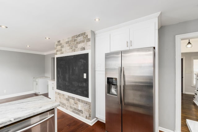 kitchen featuring stainless steel appliances, dark wood-type flooring, recessed lighting, and white cabinets