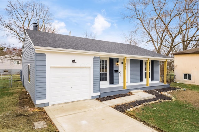 ranch-style house featuring a porch, a garage, fence, concrete driveway, and roof with shingles