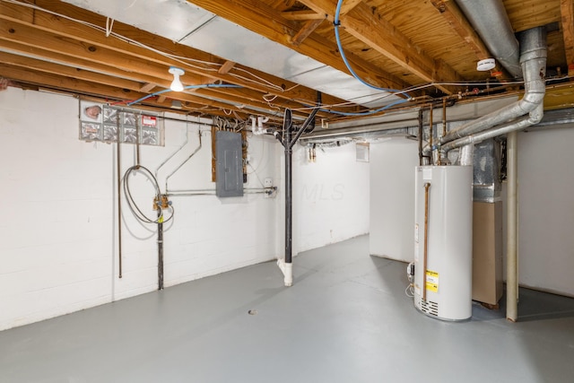 unfinished basement with gas water heater and electric panel