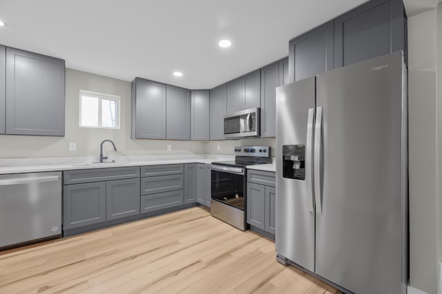 kitchen with light countertops, stainless steel appliances, gray cabinetry, light wood-type flooring, and a sink