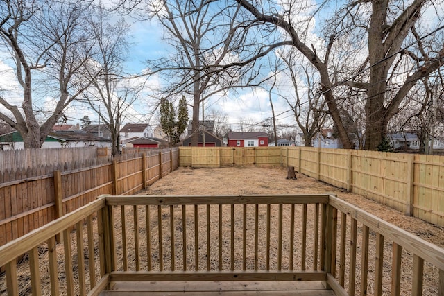 wooden deck featuring a residential view and a fenced backyard