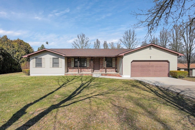 view of front of house featuring brick siding, a front lawn, a porch, driveway, and an attached garage