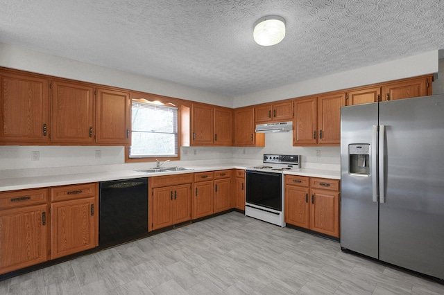 kitchen featuring range with electric cooktop, extractor fan, stainless steel fridge with ice dispenser, black dishwasher, and brown cabinets