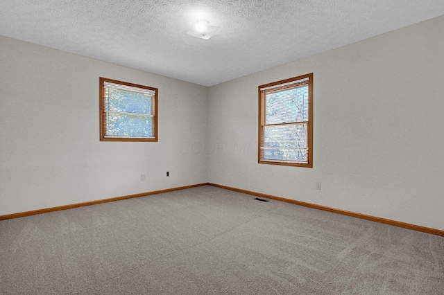 spare room featuring visible vents, a textured ceiling, baseboards, and carpet floors