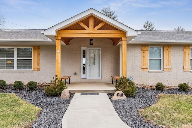 doorway to property featuring covered porch, brick siding, and roof with shingles