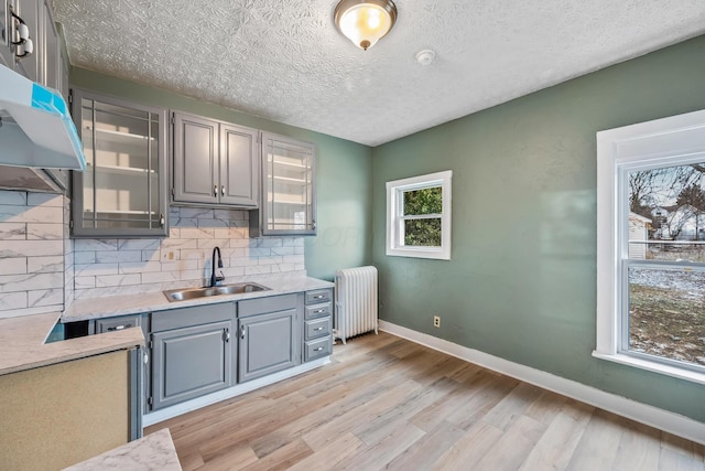 kitchen featuring a sink, gray cabinets, decorative backsplash, light wood finished floors, and radiator heating unit