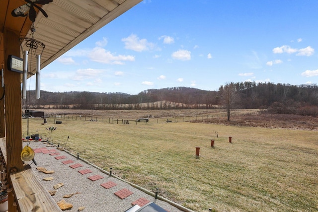 view of yard featuring a forest view and a rural view