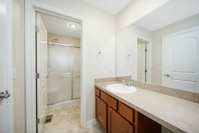 full bathroom with tile patterned flooring, visible vents, a shower stall, and vanity