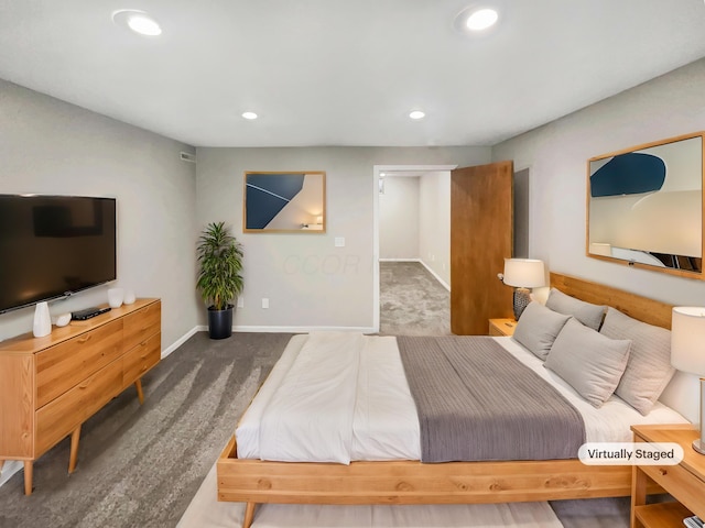 bedroom with carpet, baseboards, and recessed lighting